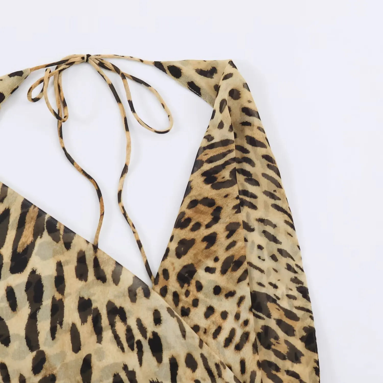 TFMLN Vintage Neckholder-Kleid mit Leopardenmuster für Damen, Sommer, sexy, rückenfrei, eleganter Schwingkragen, Trend, Partykleidung, schick, figurbetont – Detail 5