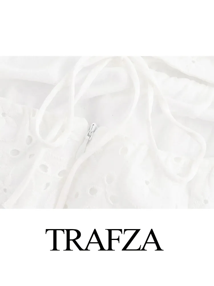 TRAFZA-Robe mi-longue plissée brodée évidée pour femme, dos nu, fermeture éclair, lacets, mode féminine, été