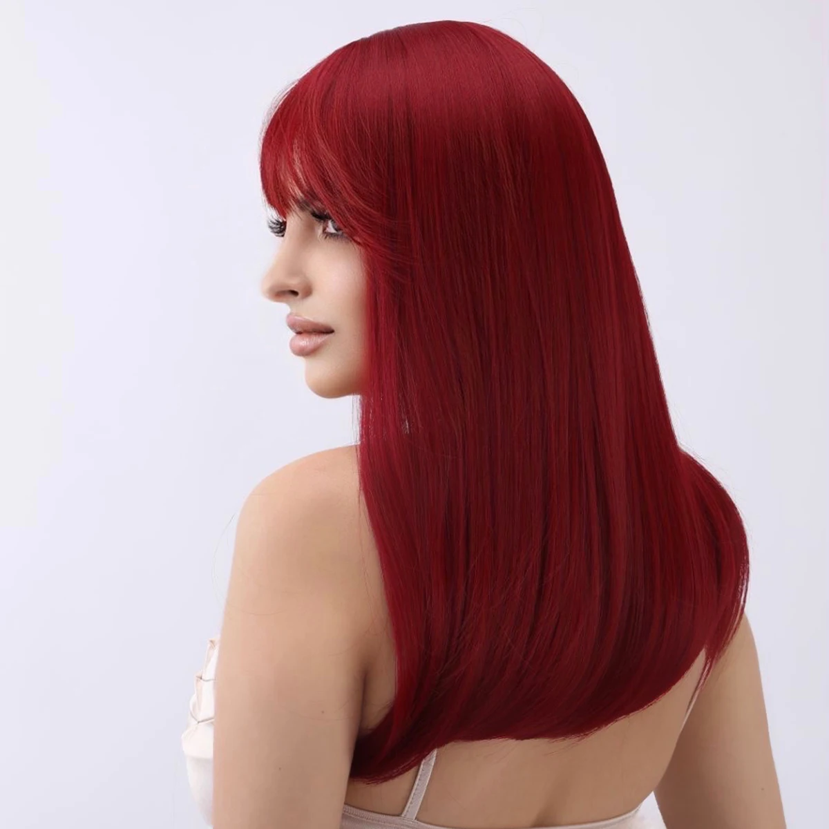 Wine Red Light Color Straight Bang Bob Wig For Women Natural Synthetic Fiber Wigs Daily Cosplay Party Heat Resistant Fiber Hair image 4
