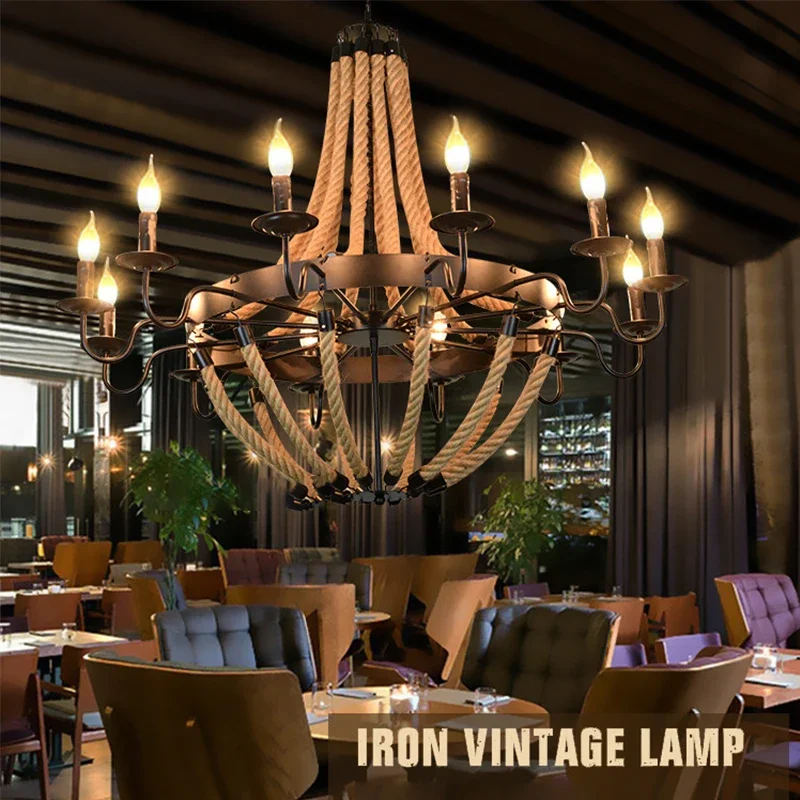 TEMOU American Style Retrohemp Rope Chandelier Nostalgic Loft Industrial Style Internet Cafe Restaurant Hot Pot Sho Chandelier