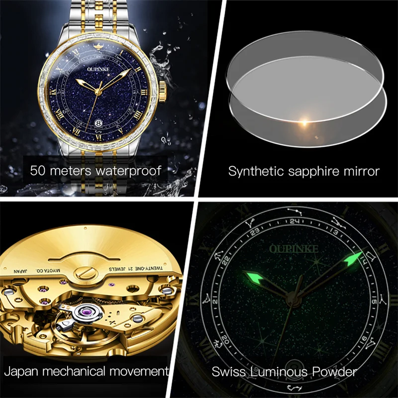 OUPINKE Starry Sky Dial Top Brand Luxury Automatic Watch For Men Mechanical Waterproof Sapphire Man Watches Relogio Masculino