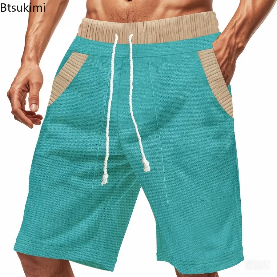 New 2025 Men's Summer Shorts Loose Casual Contrast Shorts for Men Trim Elastic Waist Pockets Shorts Male Outdoor Beach Shorts