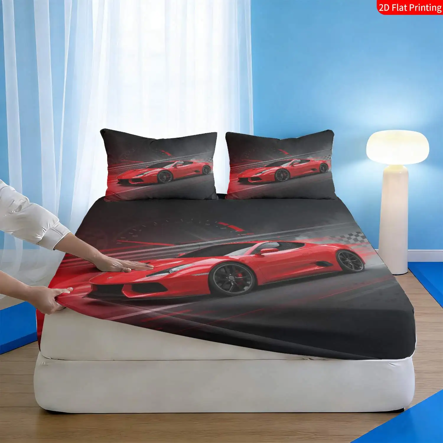 Christmas 2D Digital Print Three-Piece Bedding Set (includes 1 fitted sheet + 2 pillowcases) Mattress Protector, Fitted Sheet Style with Elastic Band, Protective Cover, Mattress Protector, Fitted Sheet Style Bedding, Christmas-Themed Bedding, Modern Sports Car Style Dynamic Racing