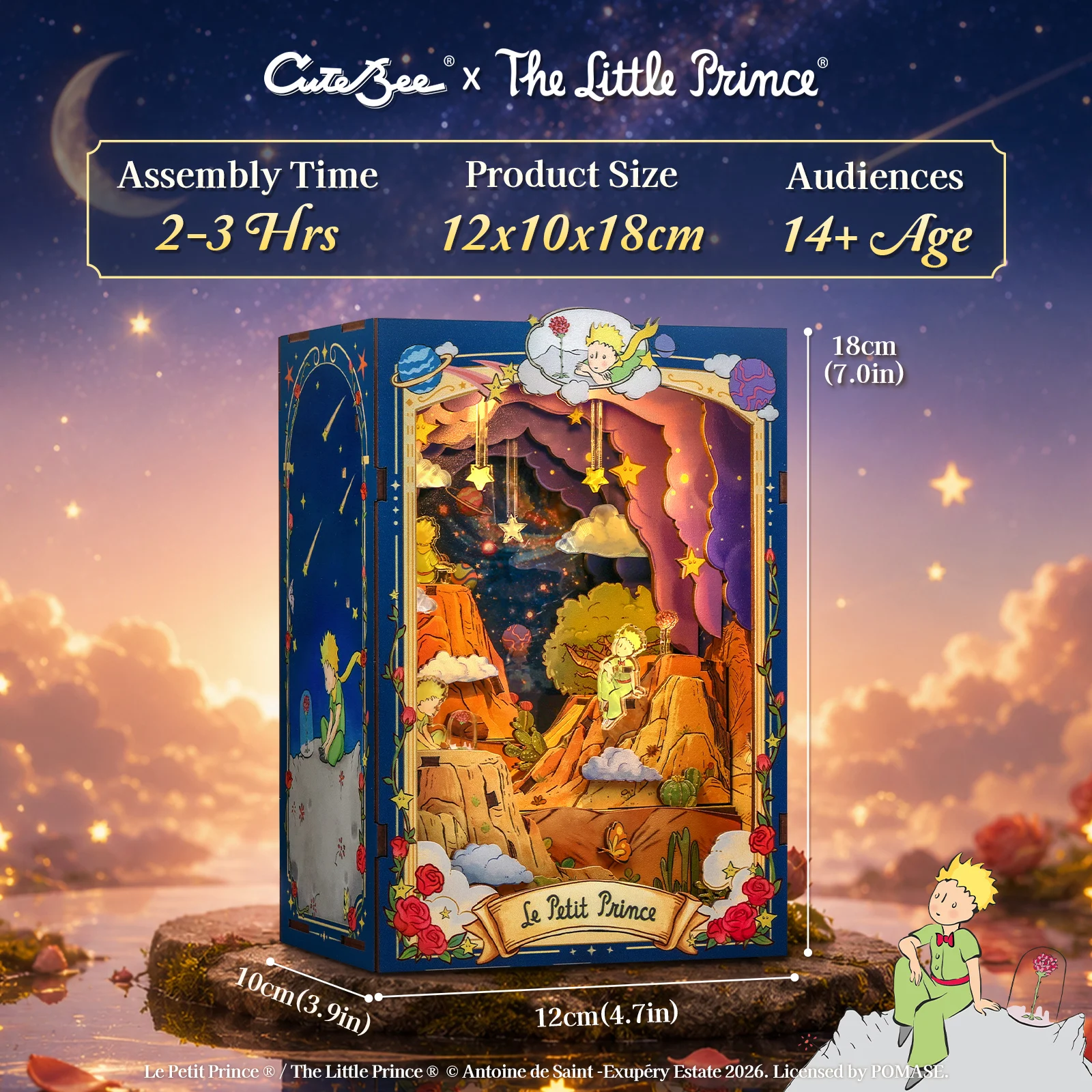 Original CUTEBEE Little Prince Serie Buchnische „Der Planet und die Rose“ 3D-Holzpuzzle Bücherregal-Deko als Geschenk- und Partyidee