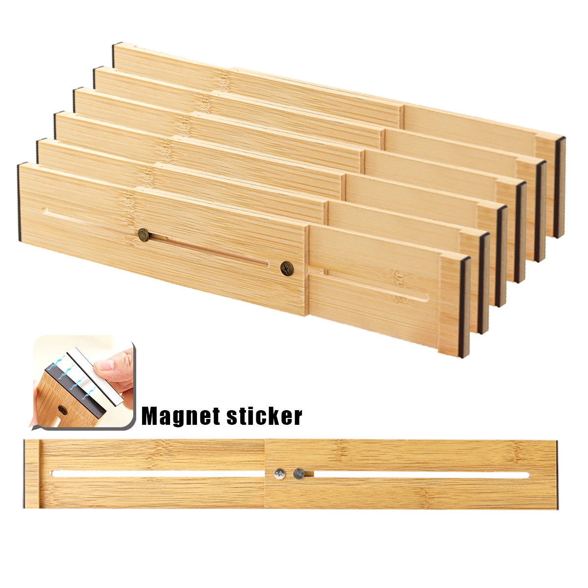 6-teiliges Schubladenteiler-Set aus Bambus, magnetisches Design, verstellbar, geeignet für Büros, Schubladen, Schreibtische, Badezimmer und Schlafzimmer