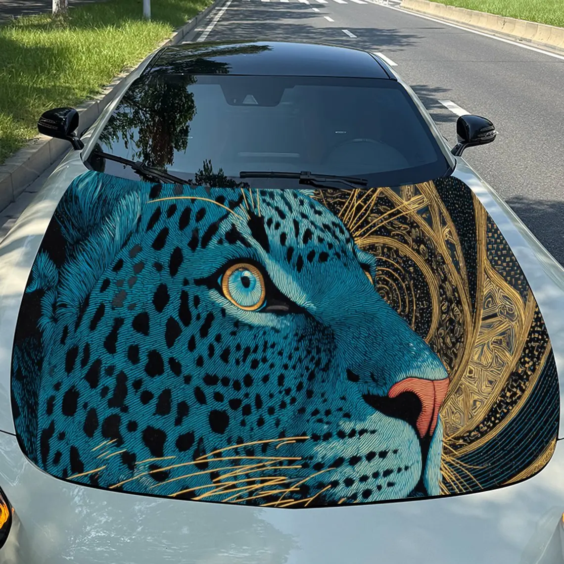 

Stunning Blue Leopard with Vivid Eyes PVC Car Engine Hood Vinyl Wraps, Self-Adhesive Waterproof Car Hood Decal Sticker, Car Deco