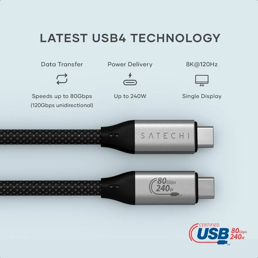 كابل USB4 V2 Pro كابل USB C بطول 1.2 متر 3.9 قدم حتى 120 جيجابت في الثانية نقل البيانات 240 وات توصيل الطاقة شاشة 8K Thunderbolt 5 4 3 متوافق