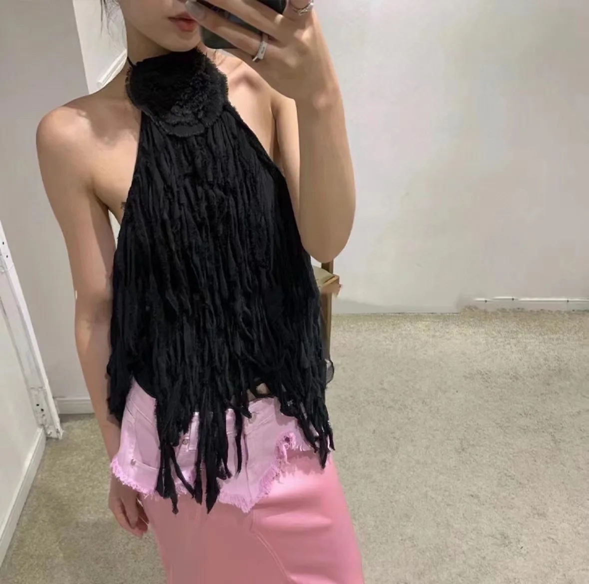 Tassel Sexy Halter Camisole 3d Floral Sleeveless Backless Chic Korean Style Solid Color 2024 Summer New Tank Tops White Black