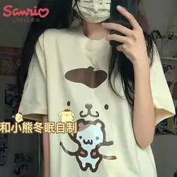 Kawaii Sanrio Pompom Purins Anime T-Shirt Crew Neck Colorblock Letter Print Short Sleeve Cartoon Cute Casual Loose Girls Tops