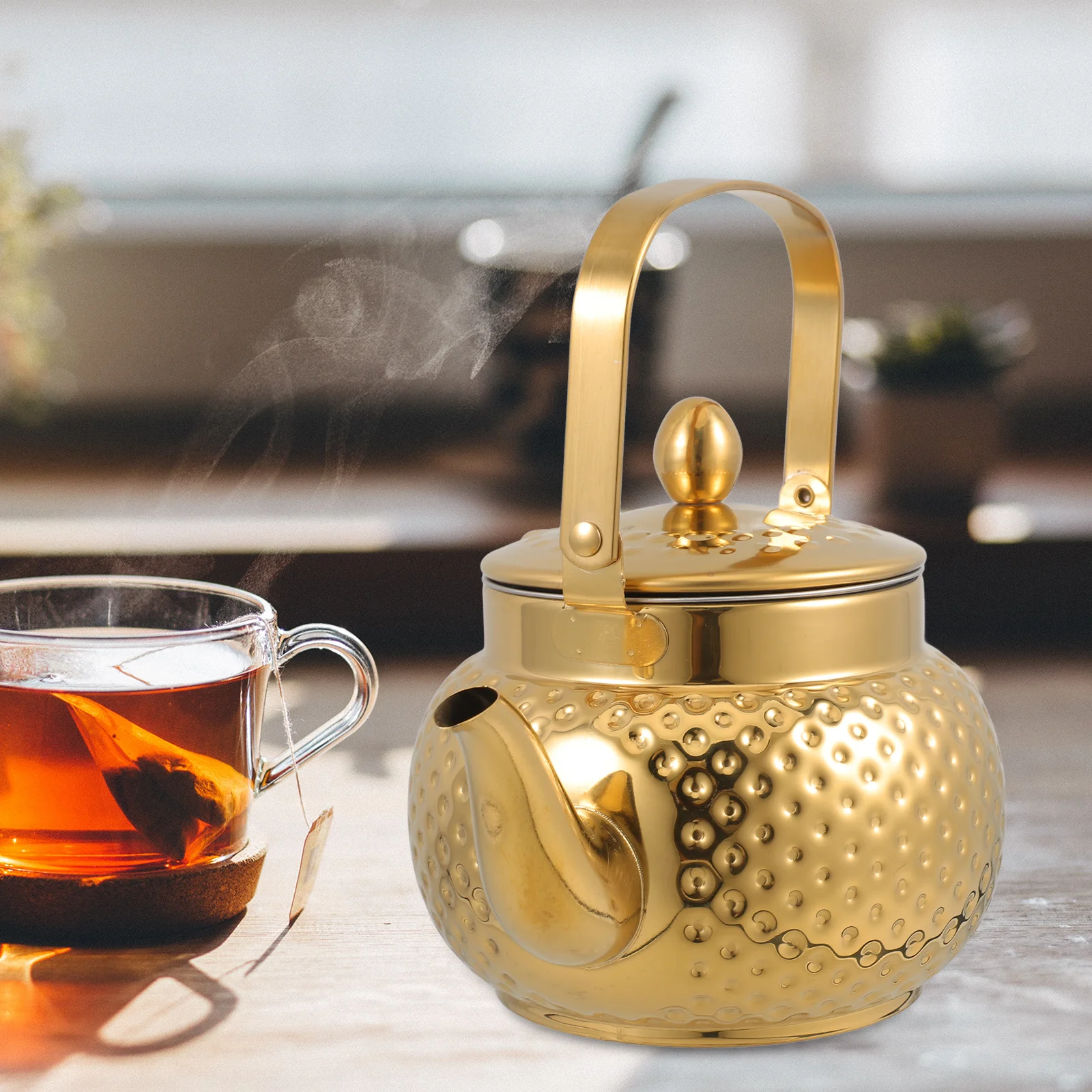 

1pcs Hammered Stainless Steel Teapot Large Capacity Polished Finish Tea Kettle For Home Hotel Restaurant Kitchen Tea