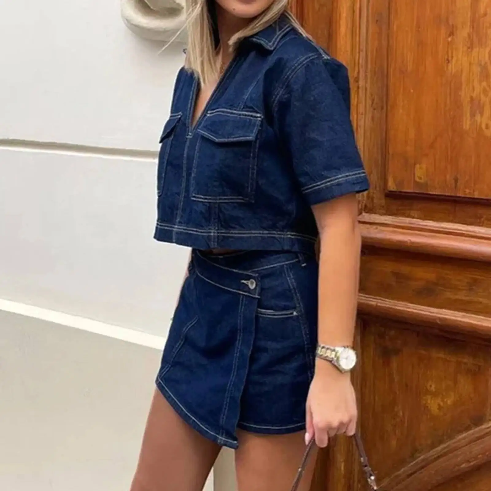 Women's 2 Piece Denim Outfits Set Short Sleeve Lapel Neck Cropped Jean Pullover Tops + Button High Waist Asymmetrical Shorts