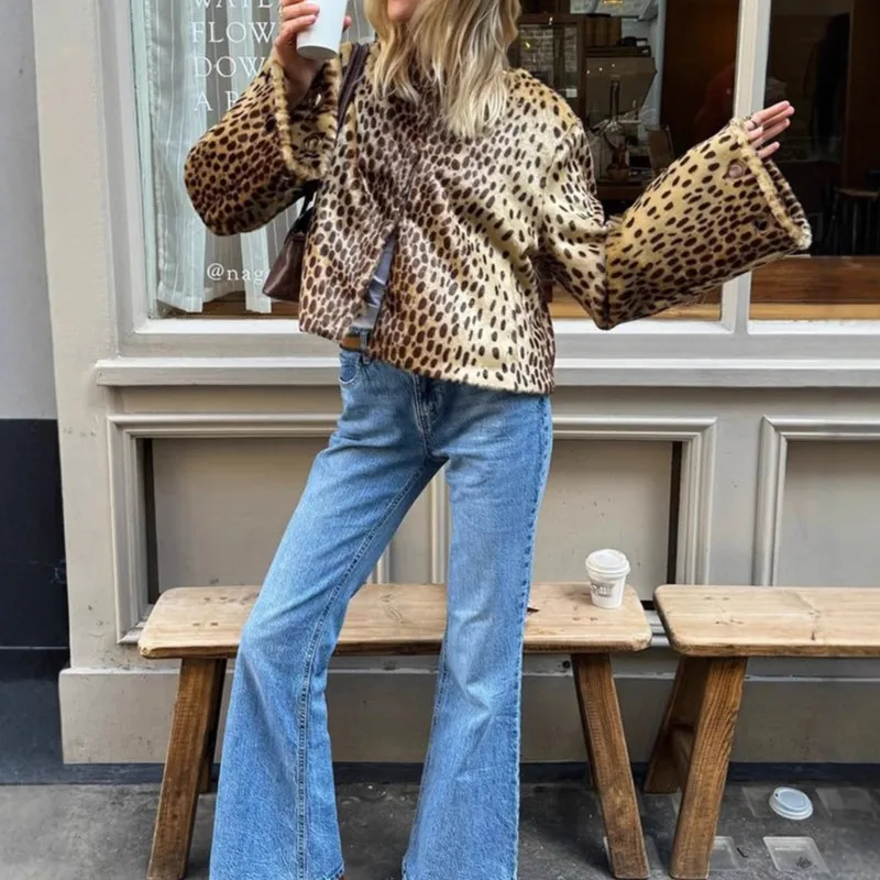 Mode Chic imprimé léopard manteaux veste courte col rond 2025 automne hiver décontracté rue trajet chaud vêtements d'extérieur amples femme