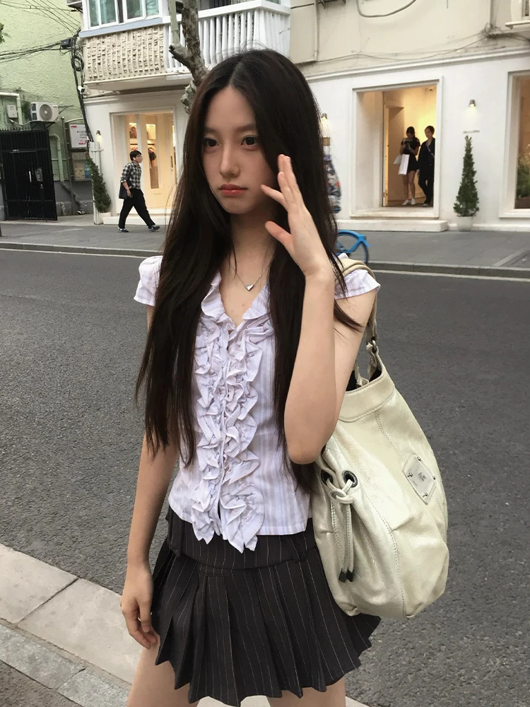 

Женский воротник с рюшами ort Sve irt Летний собранный V-образный вырез Slim Fit Design Sensation Утягивающий сексуальный топ Sweet Sle Colle...