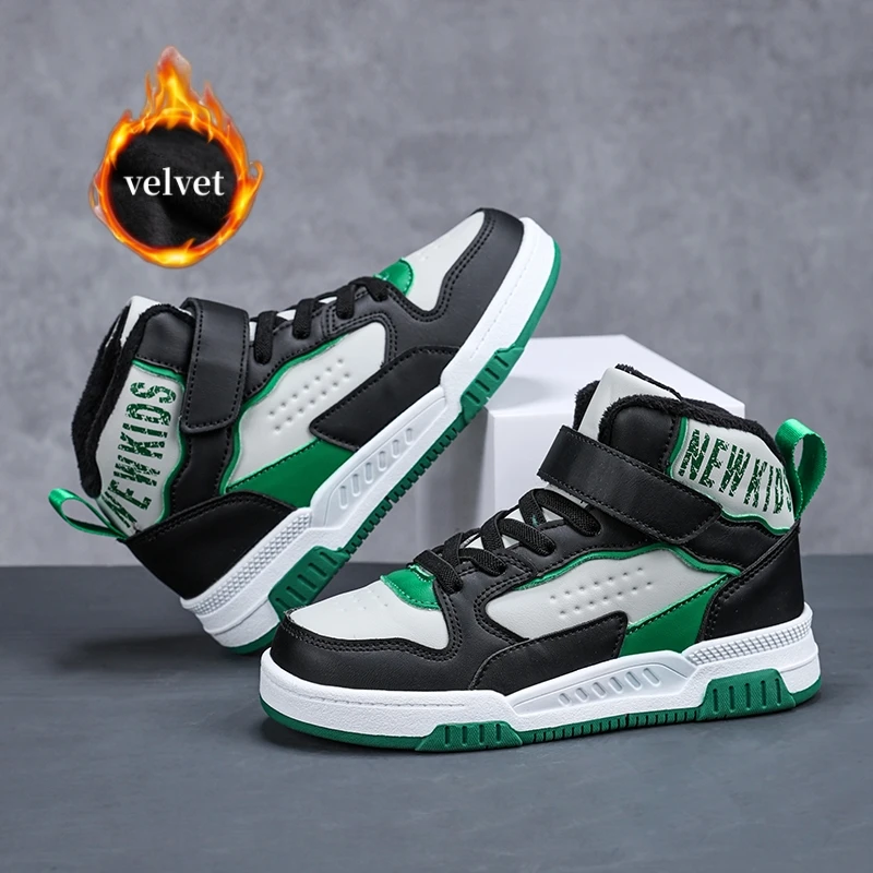 

Winter Velvet Skateboard Shoes Kids Fashion Casual Green Children's Sports Shoes Girl's Trainers Warm Fur High Top Sneakers Boys