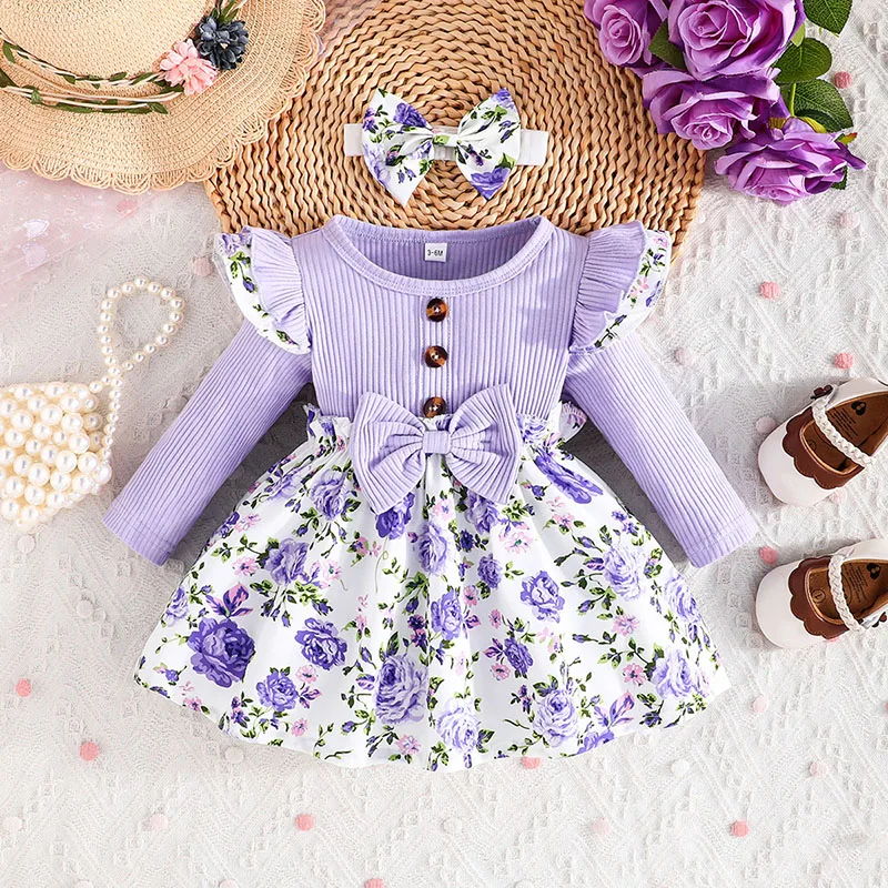 MILANCEL New Autumn Baby Flower Dress Toddler Girls Splicing Fabrics Bow Floral Dress Infant Outwear Clothes