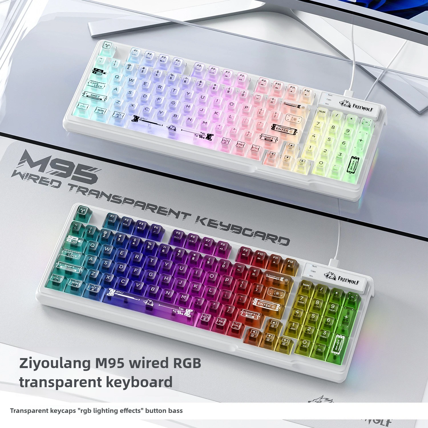 

Прозрачная клавиатура ziyoulang M95, изготовленная на заказ проводная RGB-клавиатура с отключением звука, 98 клавиш, полноразмерная поддержка систем Windows/macOS, игра/офис