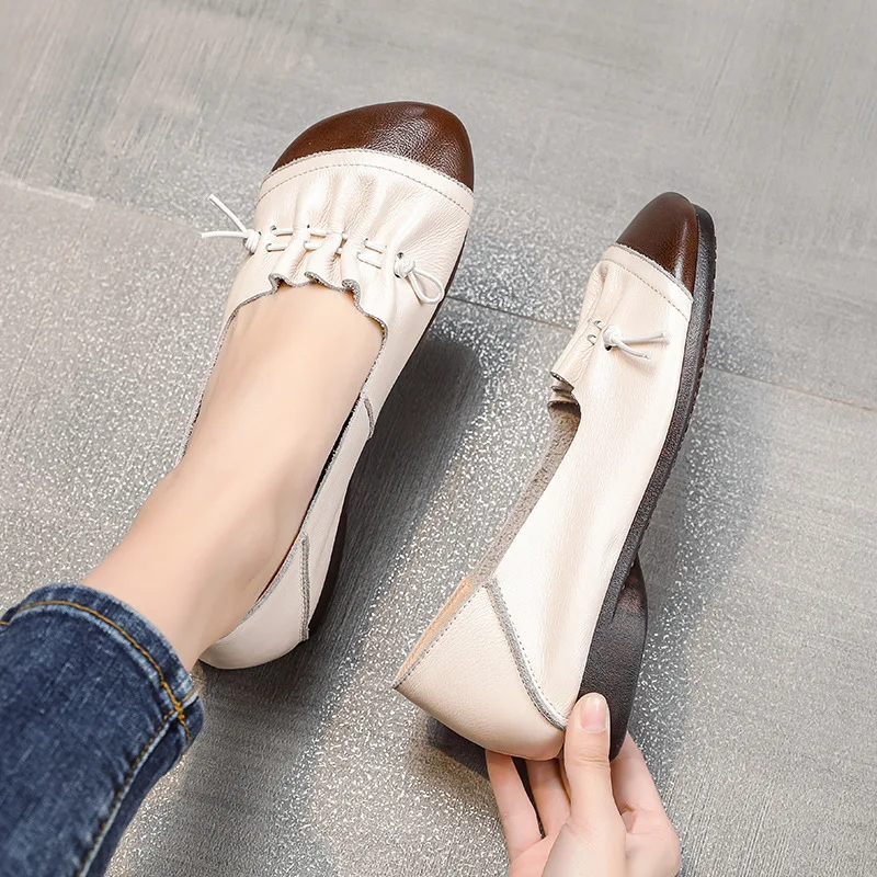 

2022 autumn new retro casual shallow mouth shoes shoe mouth elastic first layer cowhide women's shoes soft bottom soft surface