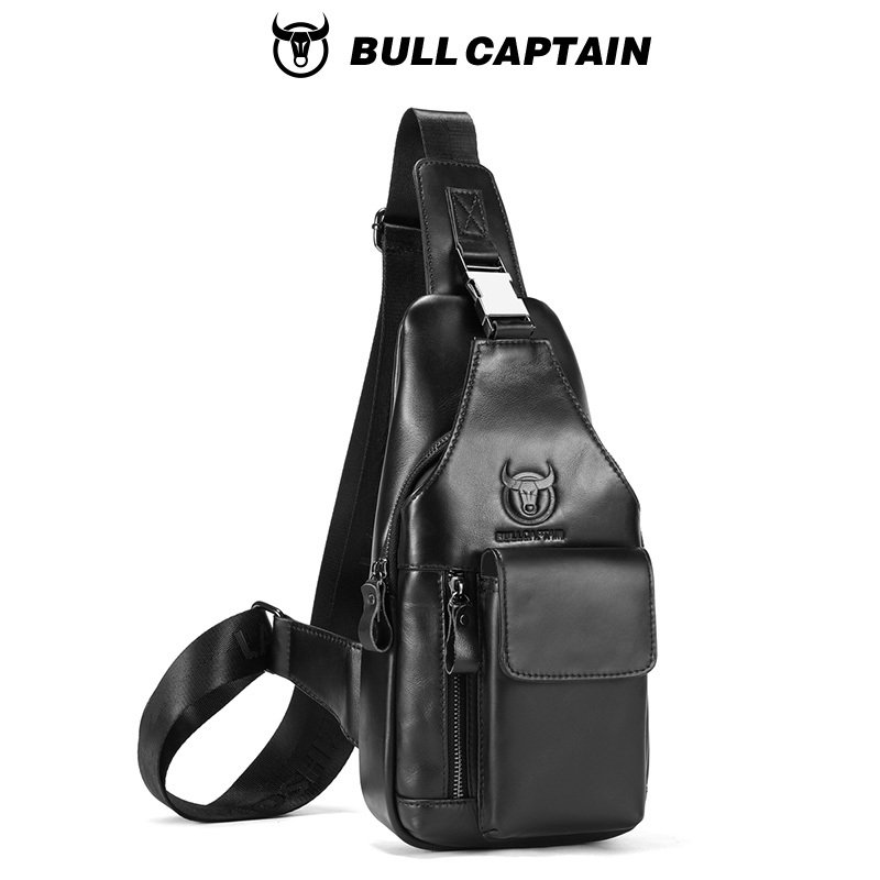  BULLCAPTAIN Men's Leather Breast Bag Fashion Casual Multifunctional Off-Road Crossbody Bag Business Tablet Mobile Leather Bag 