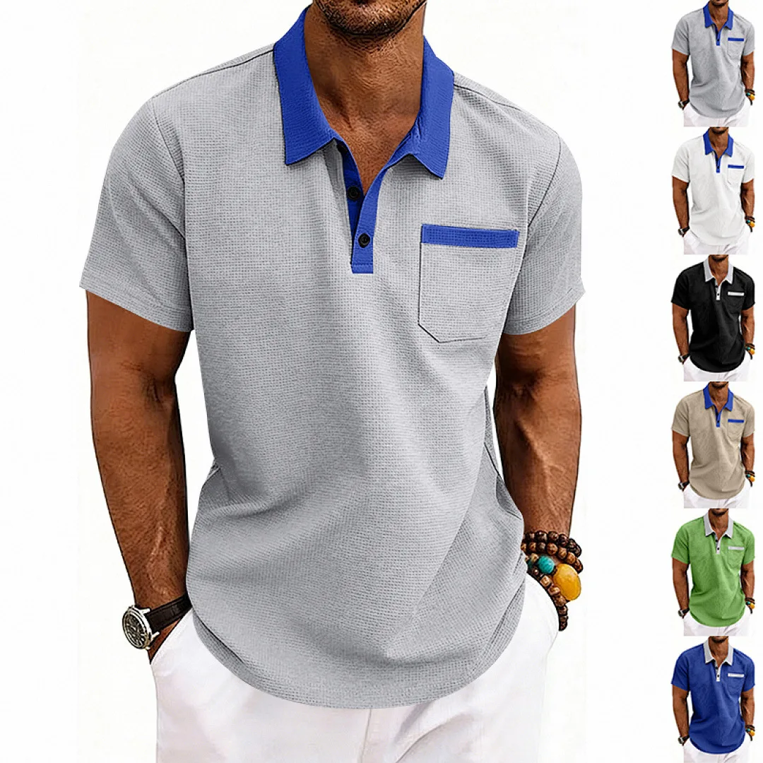 Grenzüberschreitende Neuheiten, Sommerliches, lockeres Waffel-Polo-Shirt für Herren in Kontrastfarben, lässig, schlicht, für den Alltag, Kurzarm