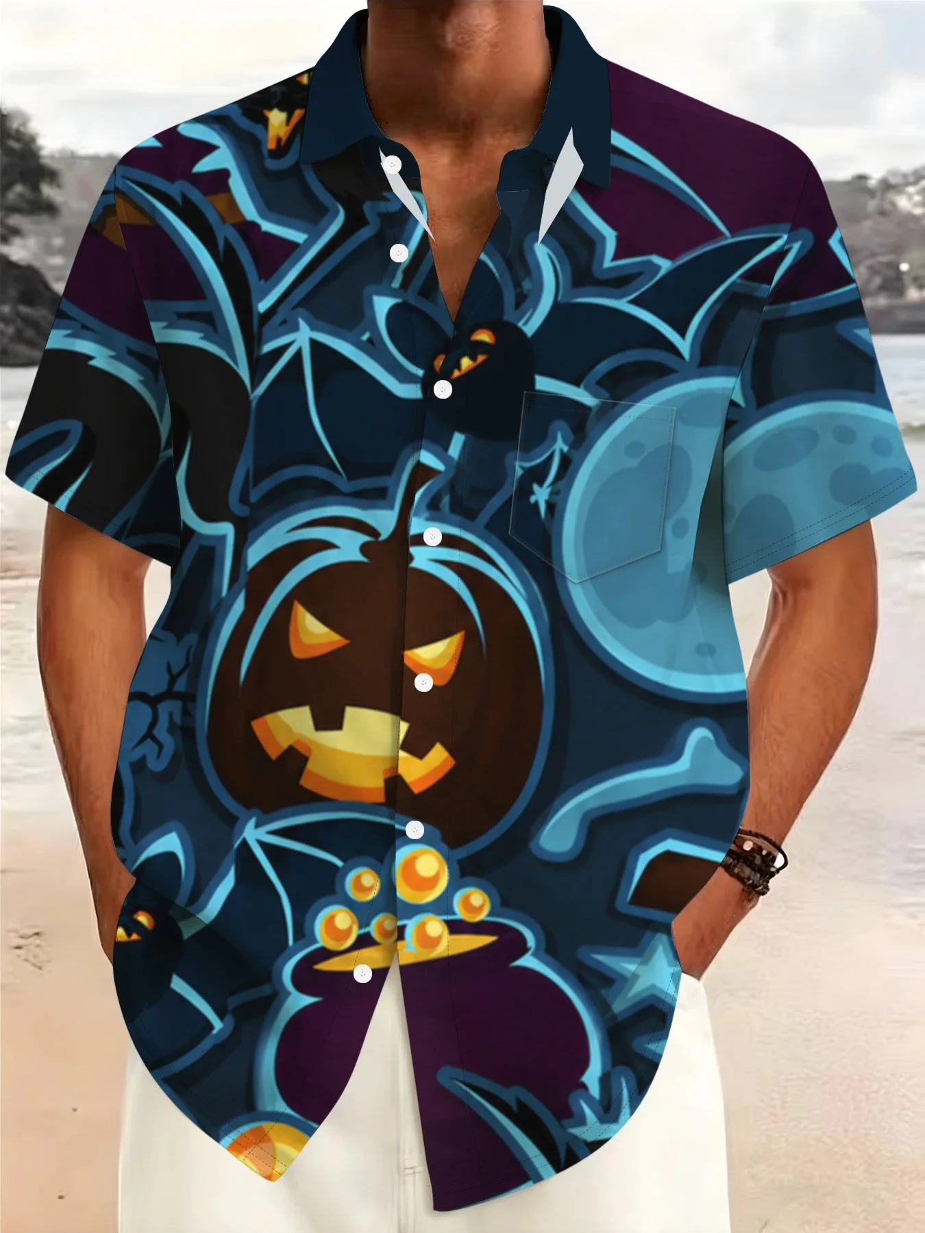 Men Halloween Glowing Pumpkin Potion Print Short Sleeve Shirt Lapel Collar Button‑Up Polyester Party Blouse