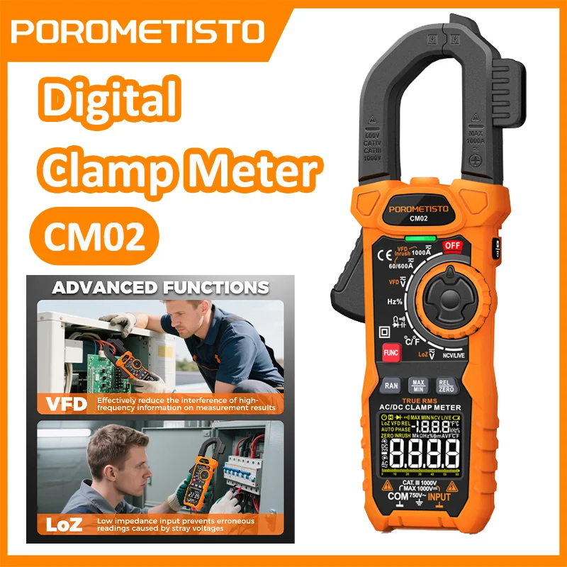 POROMETISTO CM02 Digital Clamp Meter 1000A Current True RMS Multimeter Capacitance Temperature Voltage NCV Current Ohm Hz Tester