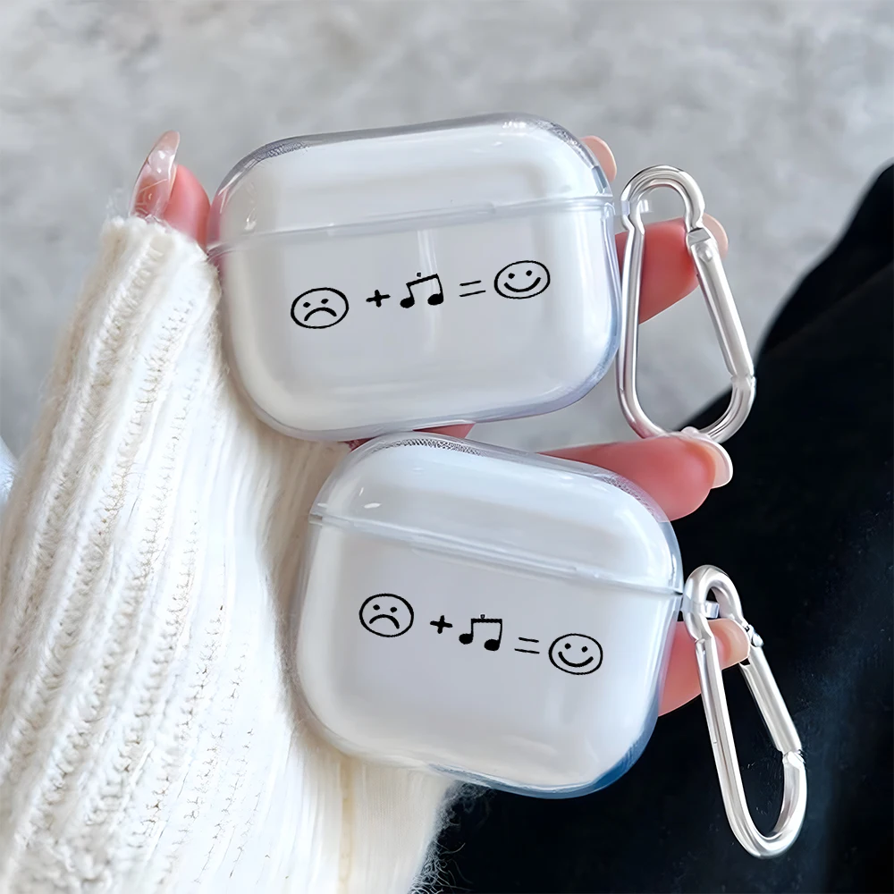 Happy Face Music Pattern Clear Earphone Case for AirPods 1/2/3/4 Earbuds Case For AirPods Pro 3/Pro 2/Pro TPU Protective Cover