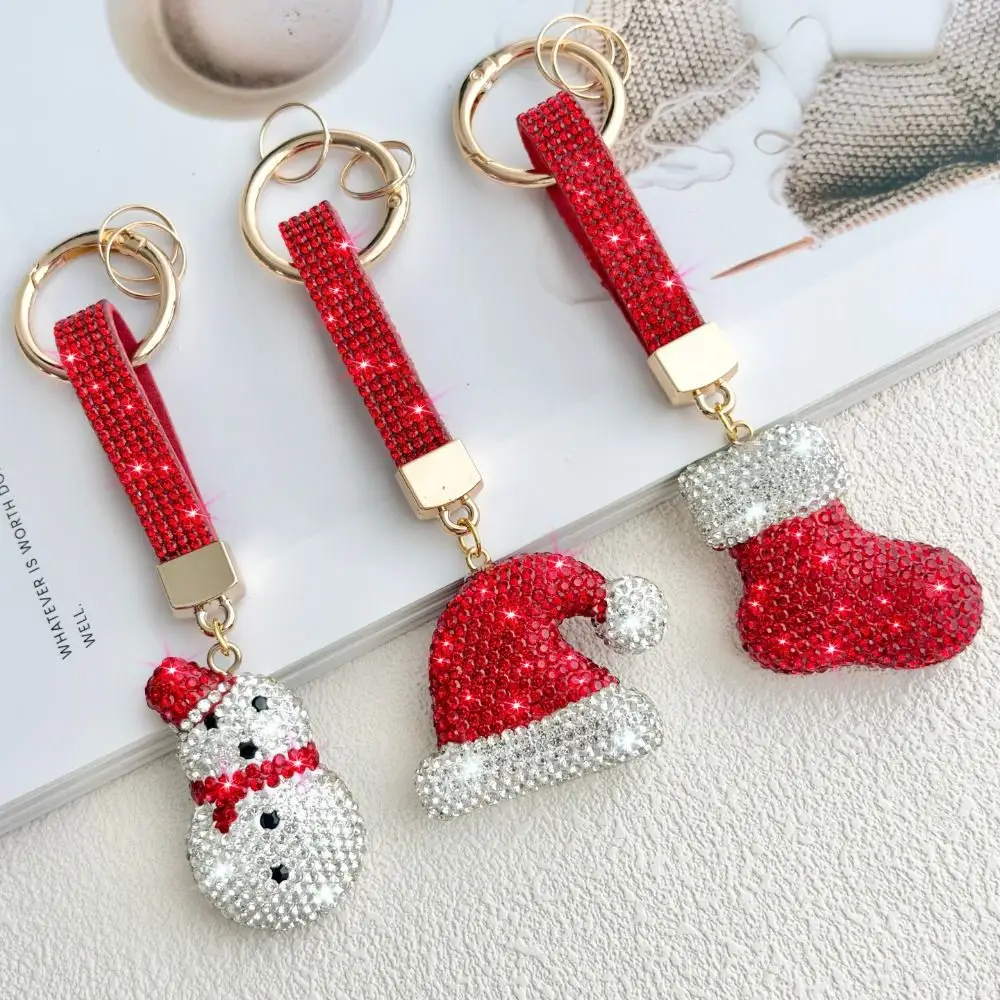 Santa Claus Rhinestone Christmas Keychain Christmas Hat DIY Metal Xmas Pendant Decoration Christmas Stocking