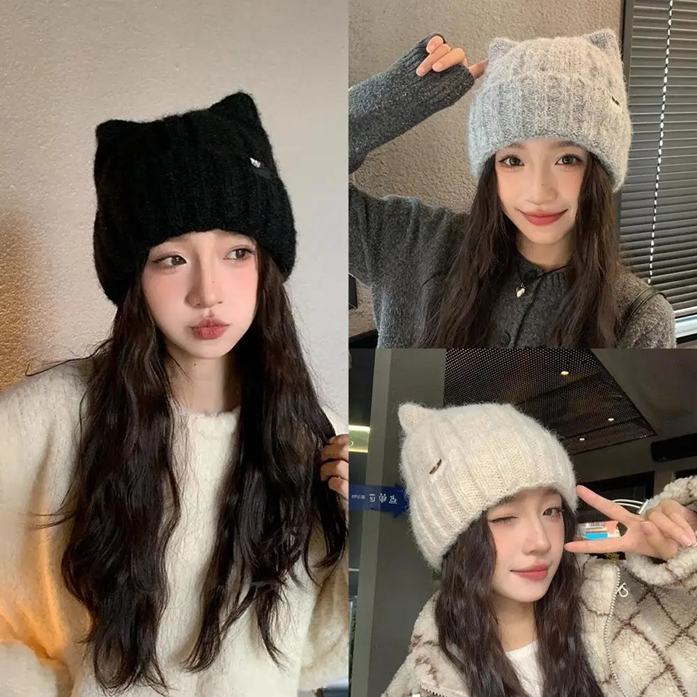 

Y2k Cold-proof Ear Protection Hat Woolen Crochet Hat With Label Outdoor Windproof Thermal Cap Cat Ear Thicken Knitted Beanies