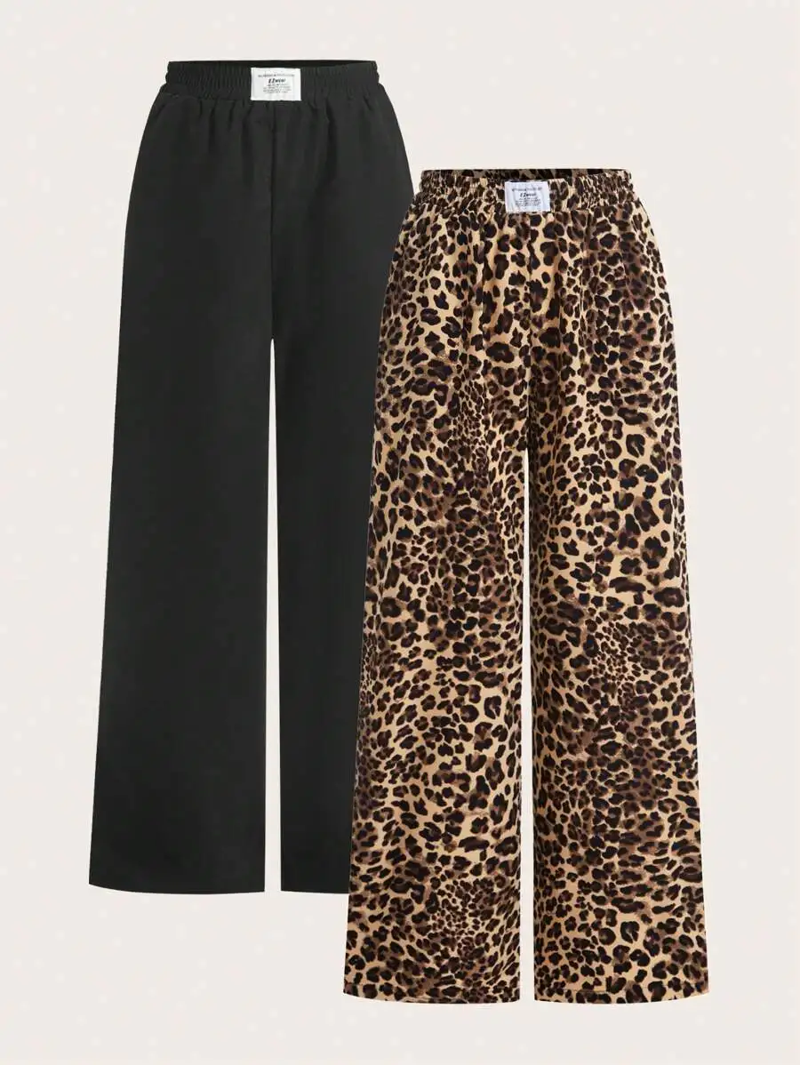 

2-Pack Women's Wide Leg Pants in Black and Leopard Print