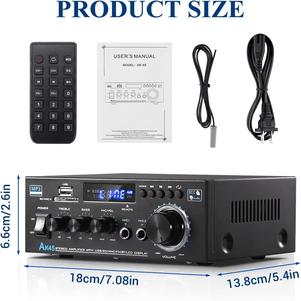 Bluetooth AK45-Power付きアンプ,hi-fiオーディオアンプ,ステレオアンプレシーバー,サブウーファー,40W x 2出力,5.0 w max,2.0ch