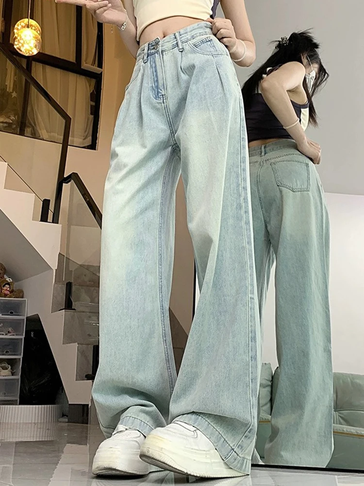 

Solid Color Classic High Waist Street Female Wide Leg Pants Summer Chic Washed Distressed Fashion Full Length Loose Women Jeans