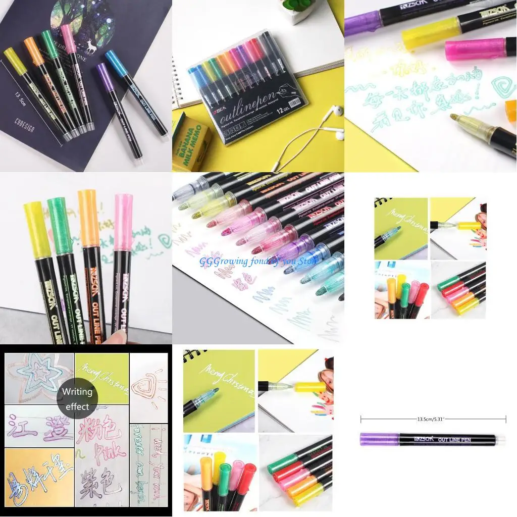 أقلام تحديد H9EB، 12 قطعة من أقلام التحديد ذات الخطوط العريضة المعدنية لكتابة بطاقات الهدايا، أقلام مخططة مزدوجة الخط لكتابة #1