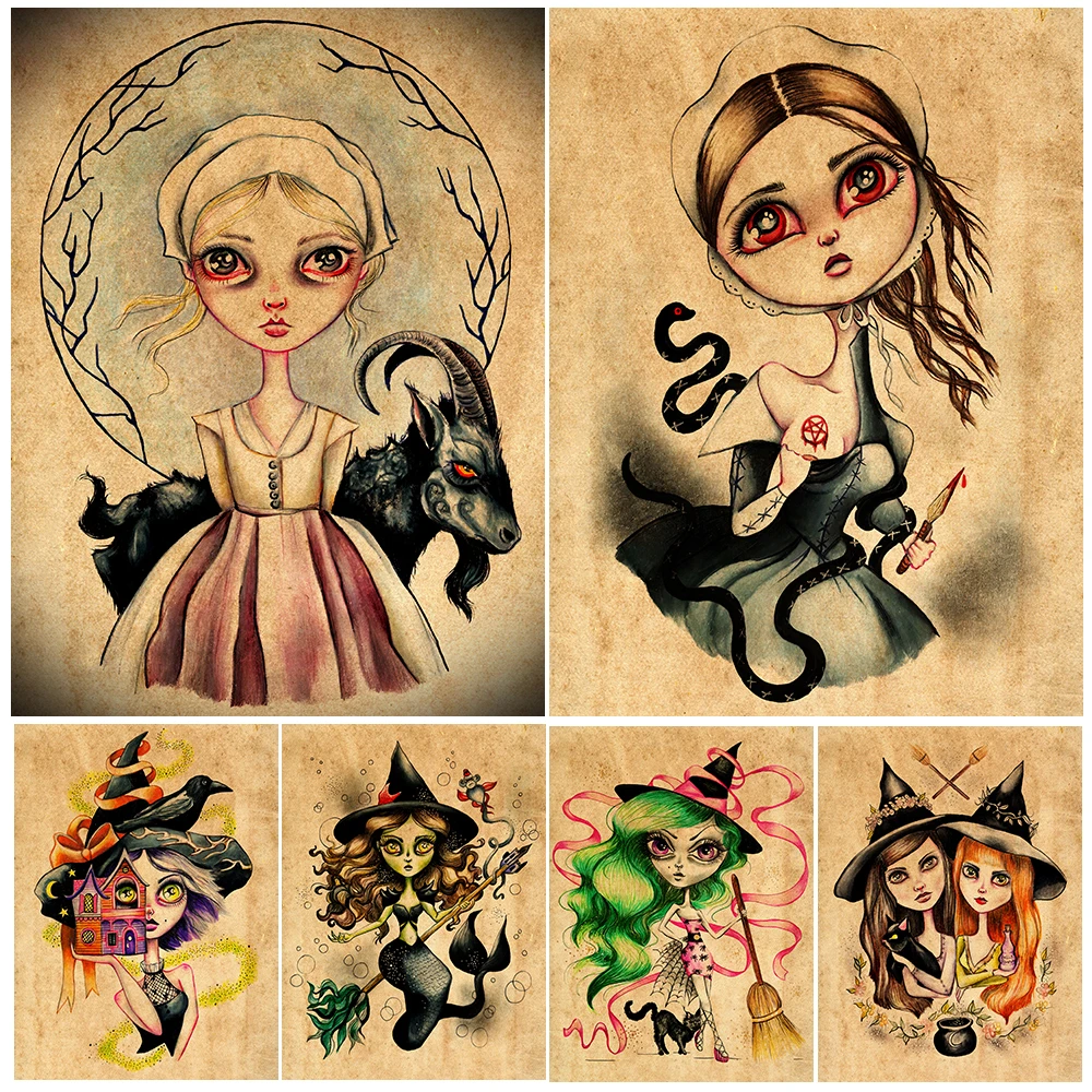 

Salem Witch And The Black Goat Vintage Wall Art Canvas Painting Cute Little Goth Witch Abstract Art Poster Print Home Decoration