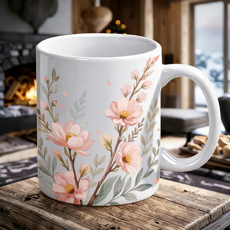 

'Spring Blossoms' Pink Flower Ceramic Cup, Coffee Cup, Milk Cup, Office Tea Cup, Drinking Cup, Fade-Resistant, Gift for Friends