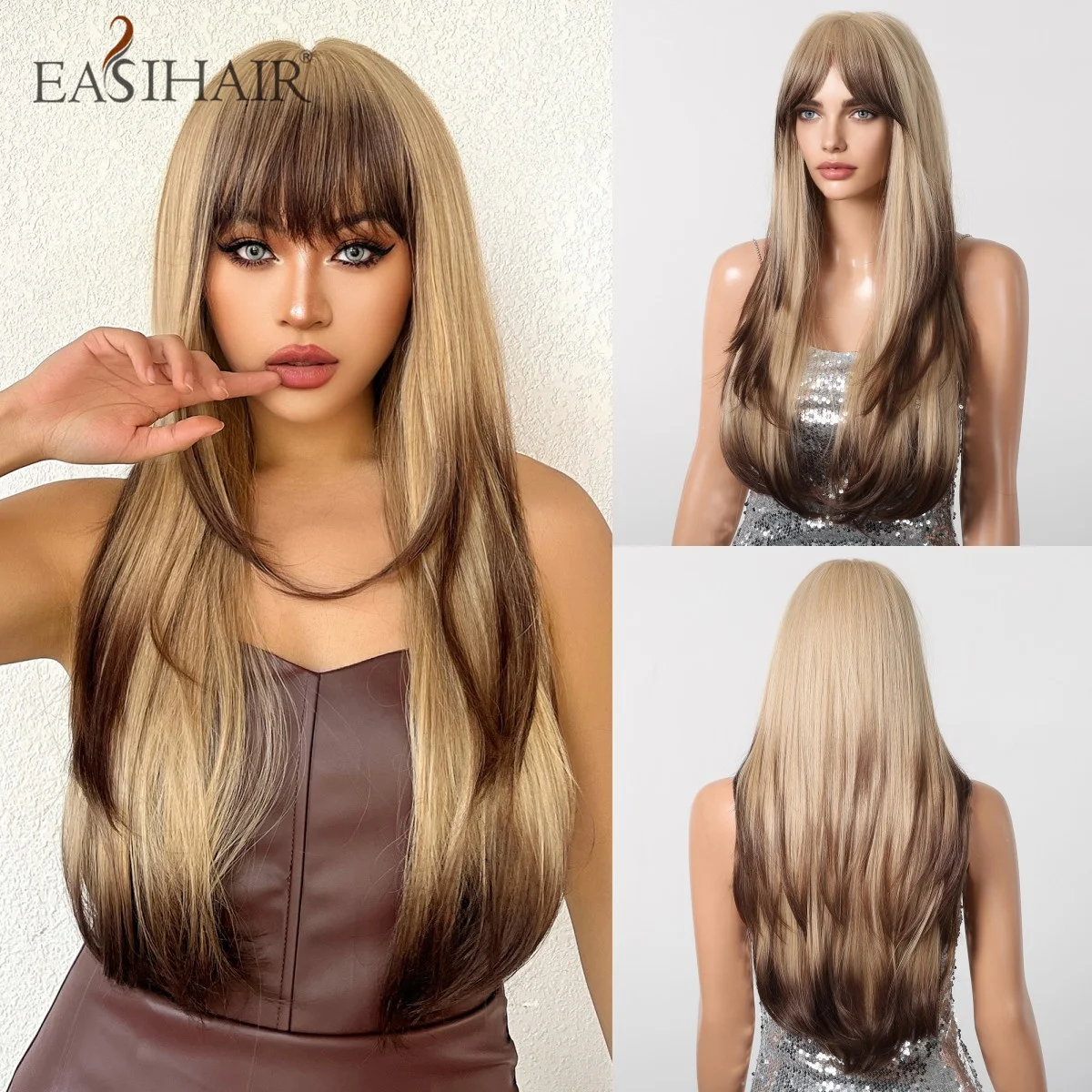 

Long Straight Ombre Blonde to Brown Synthetic Layered Wig with Bangs for Women Heat Resistant Cosplay Party Daily Natural Hair
