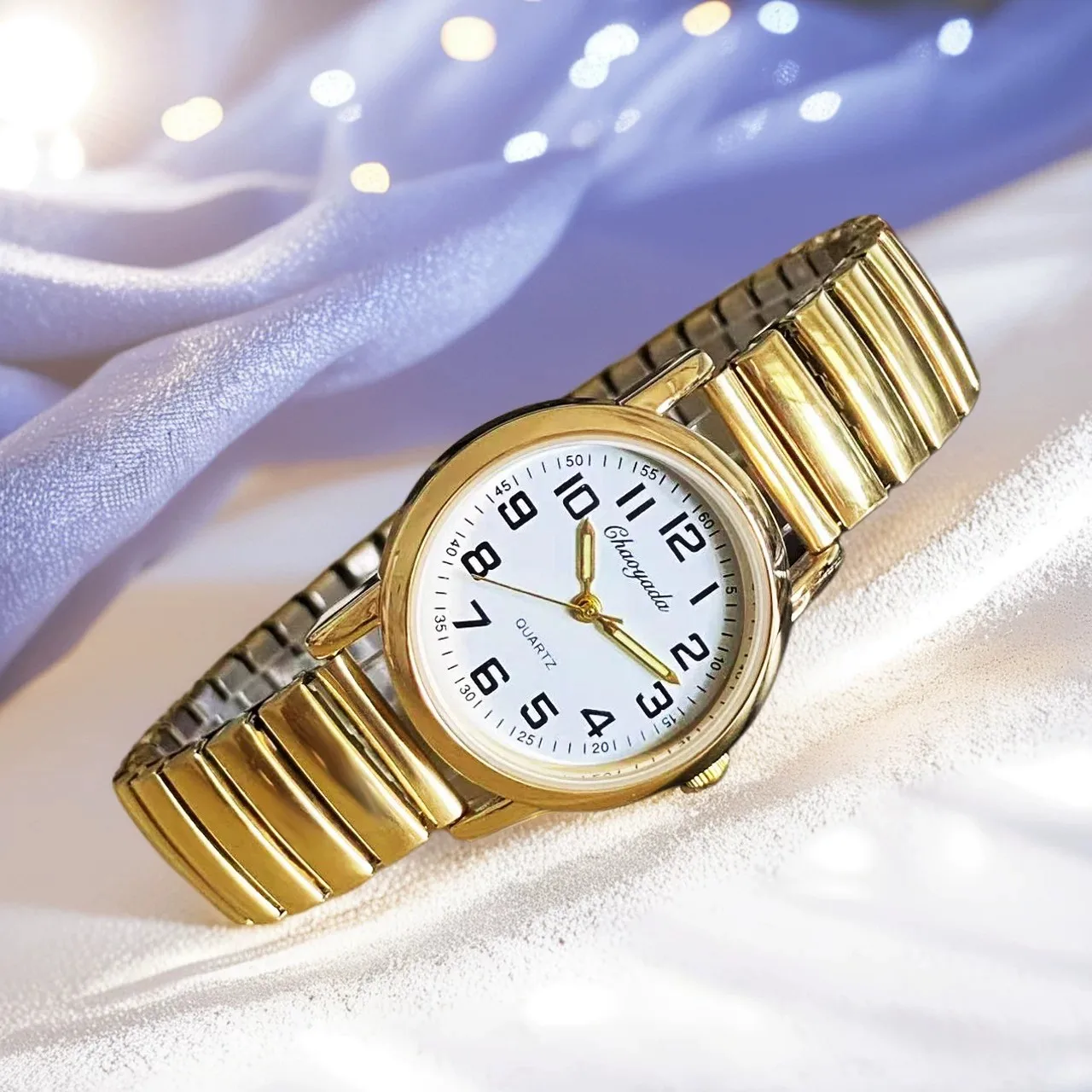 Nuevo reloj de cuarzo para mujer con correa telescópica elástica dorada de acero inoxidable, manecillas luminosas, pantalla digital grande, regalo para madres mayores