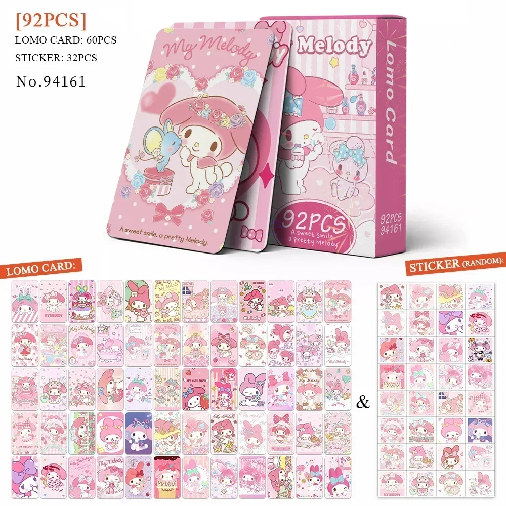 New Hello Kitty 92PCS Anime Cards Melody Anime Peripheral LOMO Card Sticker Set Kuromi HD Color Printing Deck Box Kids Toys Gift