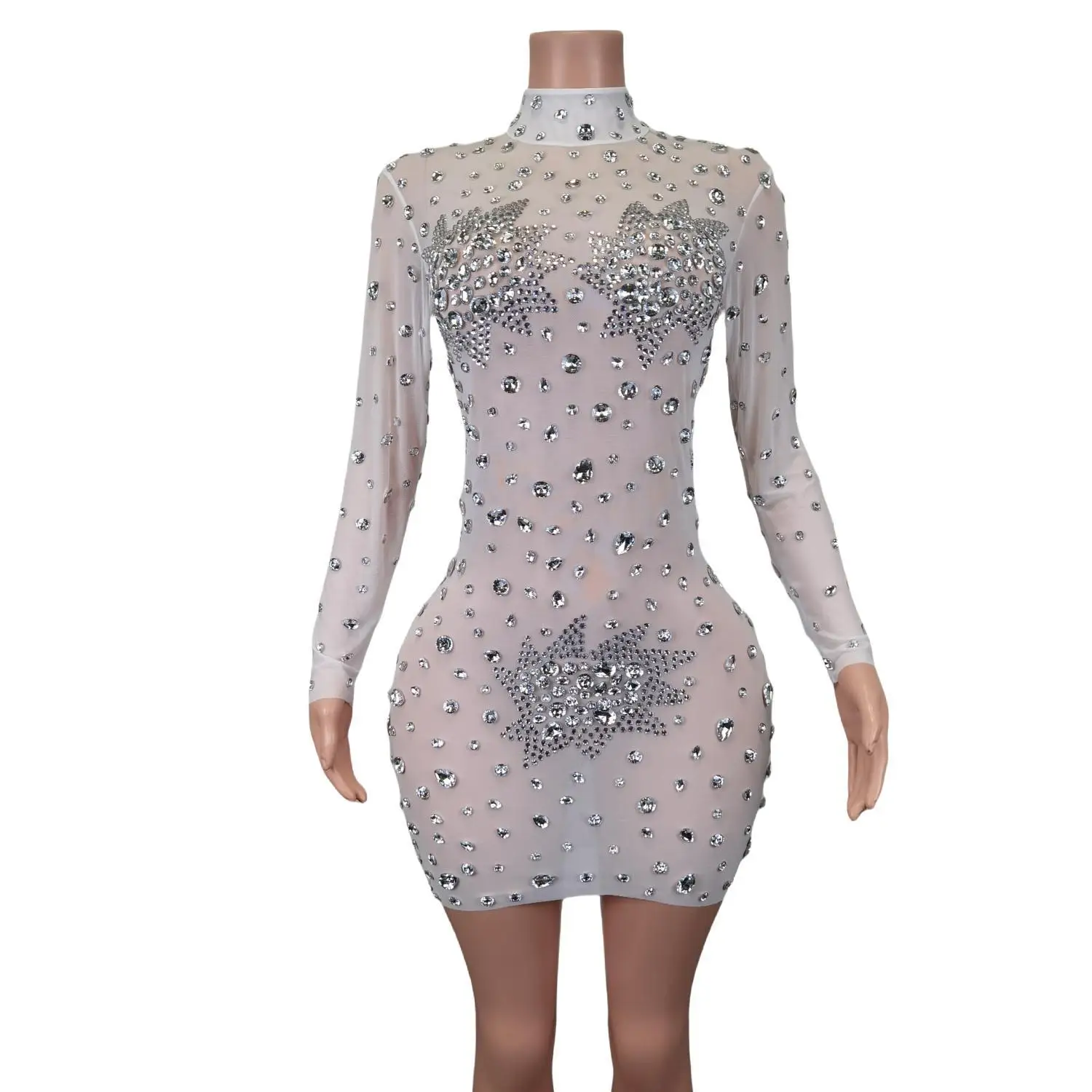 Sparkly witte strass sexy pure mesh schede mini-jurk avondfeest prestatie kostuum bar nachtclubzangeres podiumkleding