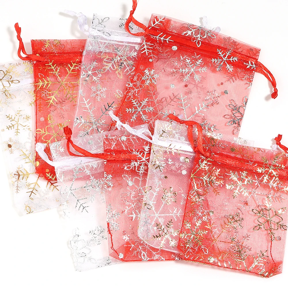 10/50 Stück Heißdruck-Organza-Geschenktaschen mit Schneeflocken-Motiv, Kordelzug-Schmuckbeutel für Hochzeit, Weihnachtsfeier, Süßigkeiten-Geschenkverpackungstaschen – Detail 6