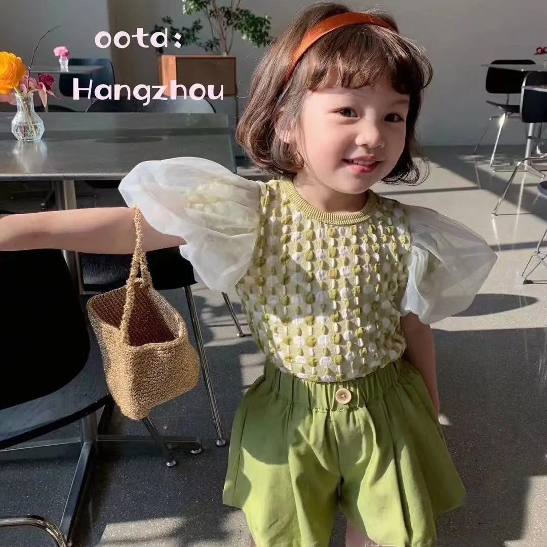 2024 Summer Girls Green Fashion Suit Children Sets Puff Sleeve T-shirts Shorts for Toddler Kids Clothes Outfits Girl 2pcs Sets