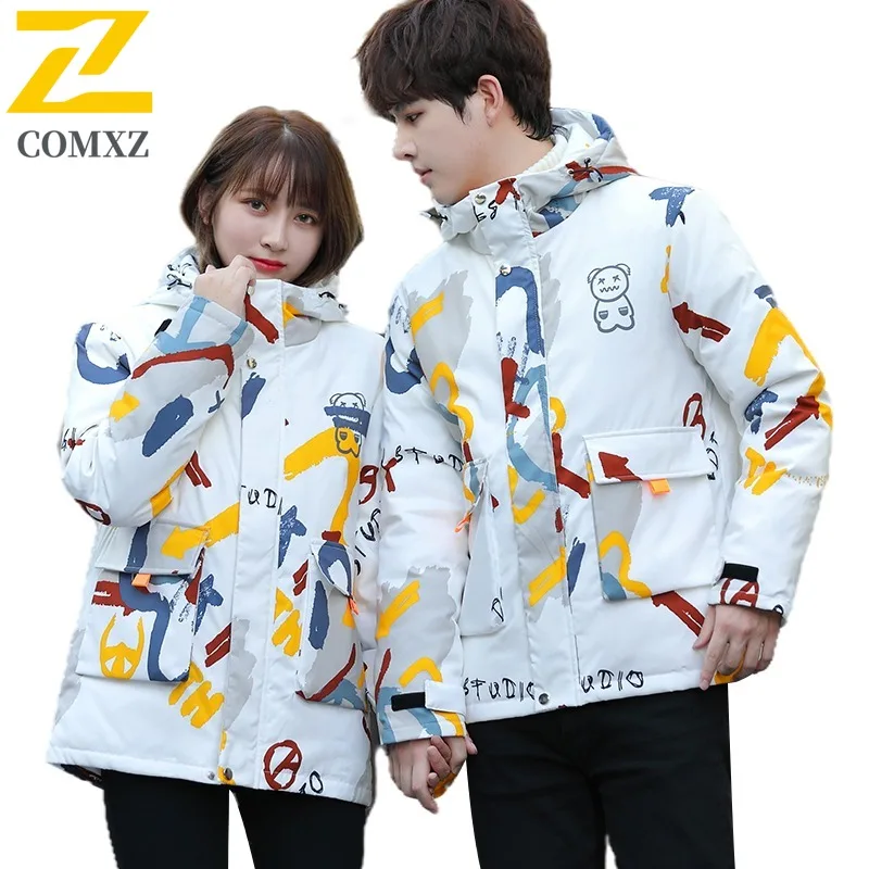 COMXZ 2025 ​Men Graffiti  Jacket Winter Thermal Puffer Windproof Korean Style Loose Fit Streetwear Parka Detachable Hood​ Coat