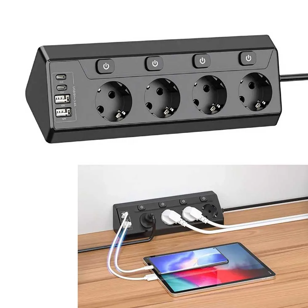 

Corner Power Strip 8-in-1 Power Strip 2 USB-A Ports 2 USB-C Ports 2-Meter Lasting Cable Child-proof Protection