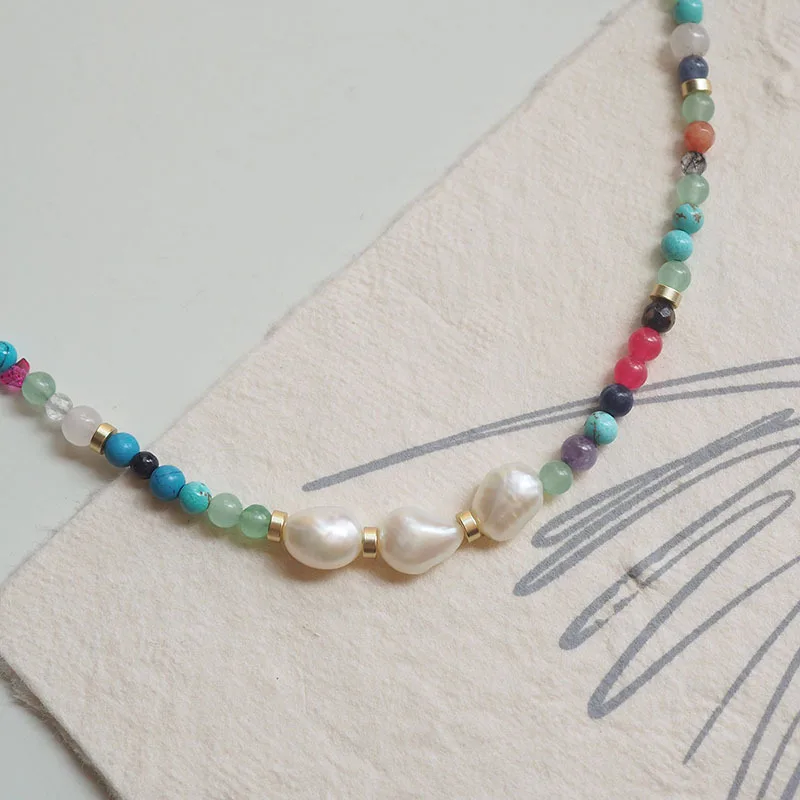 

Vintage Baroque Pearl Multi-Gem Beaded Necklace - Lapis Lazuli & Crystal, Retro Euro-American Dopamine Style