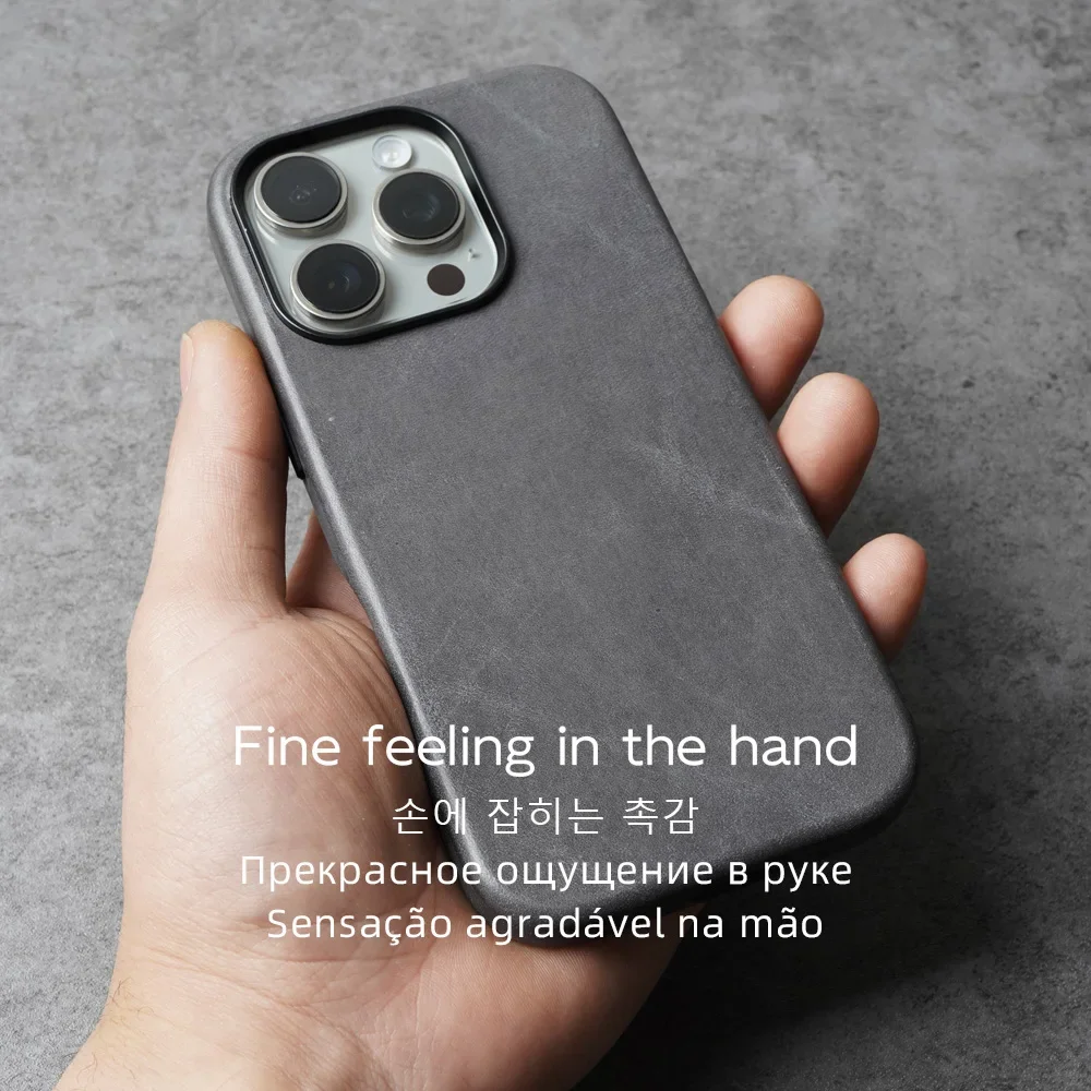 YMW Waxed Genuine Leather Case for iPhone 16 Pro Max 15 14 Magnetic Vegetable Tanned Cowhide Phone Cover