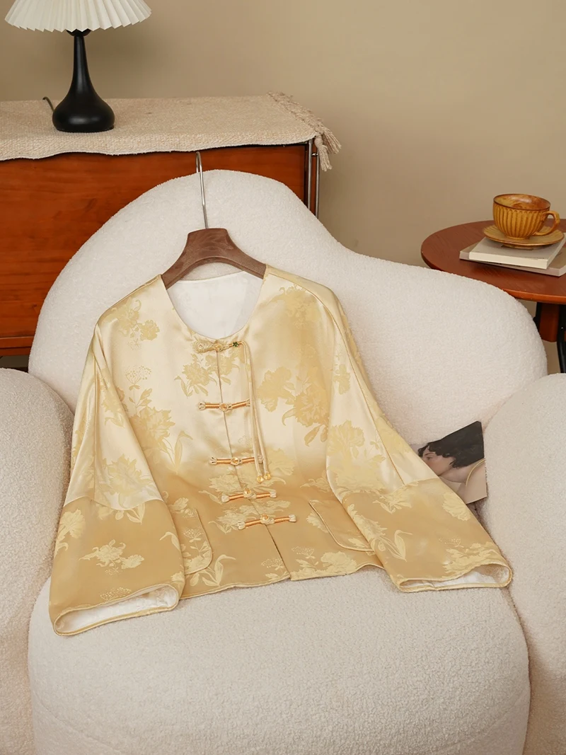 

New Chinese Sle Loose Women's Acetate Satin Embroidered Button up Cardigan Outerwear Long Sve round Ne Printed Top