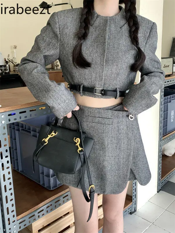 Autumn Elegant Retro Fashion Suit Long Sleeve Short Top Female Spice Girl Bag Hip Skirt Two-piece Jupe Et Haut Ensenble Femme