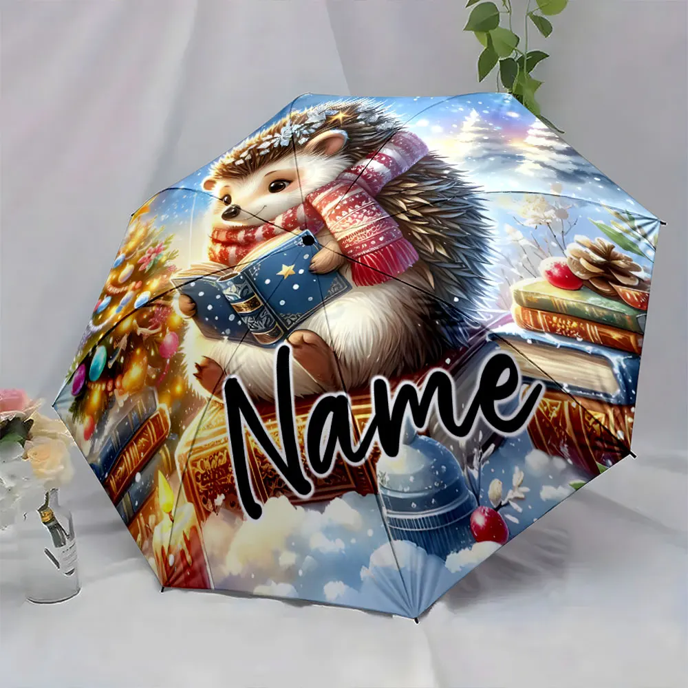 Custom Name Cozy Hedgehog Reading Under Christmas Tree Umbrella Print 8 Iron Ribs Folding Umbrella Auto-Open Fashion Sunshade