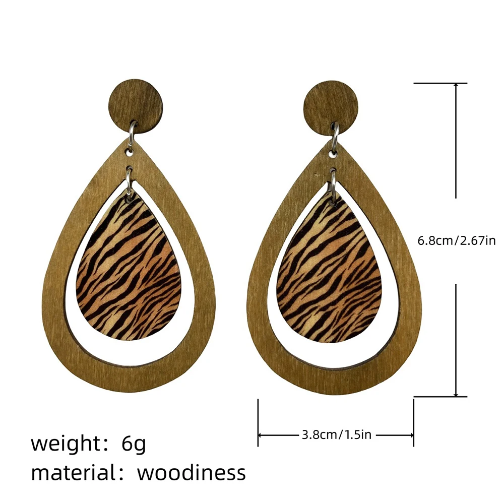 Vintage Water Wave Zebra Print Dangle Earrings for Women Ethnic Hollow Design Water Drop Earring Female Wooden Jewelry