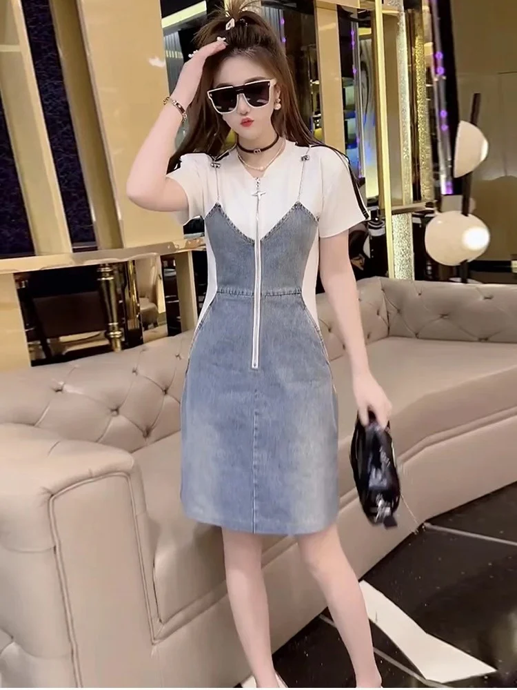 

Платье-футболка с высокой талией и джинсовыми вставками, женская мода, лето 2023, смесовый полиэстер, корейский стиль