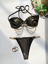 Sexy Brazilian Bikini Push Up Swimwear Women Glitter String 2 Piece Swimsuit Blingbling Chain Bathing Suit Biquini Femme Bather